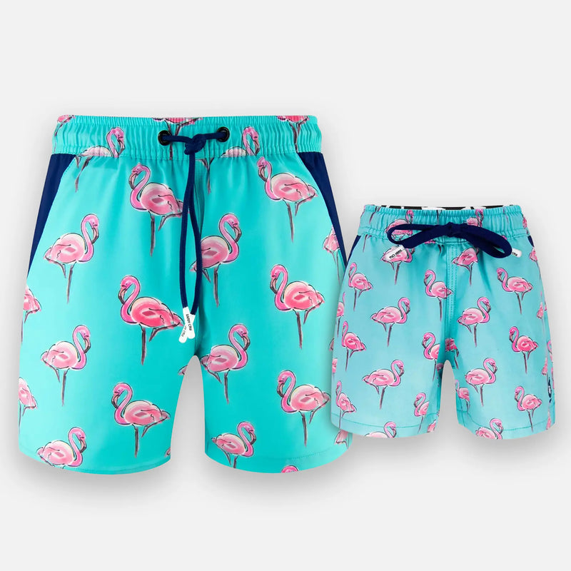 Matching Blue Flamingo Swim Shorts by Randy Cow