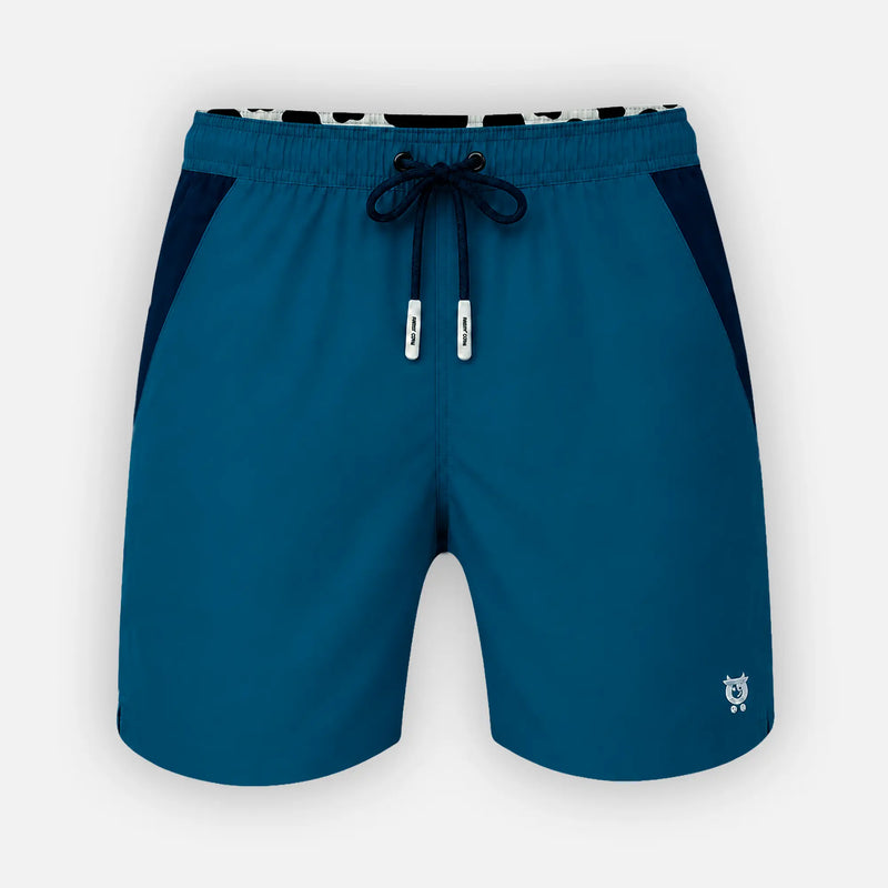 Azure blue men's swim shorts by Randy Cow — no mesh lining, compression liner